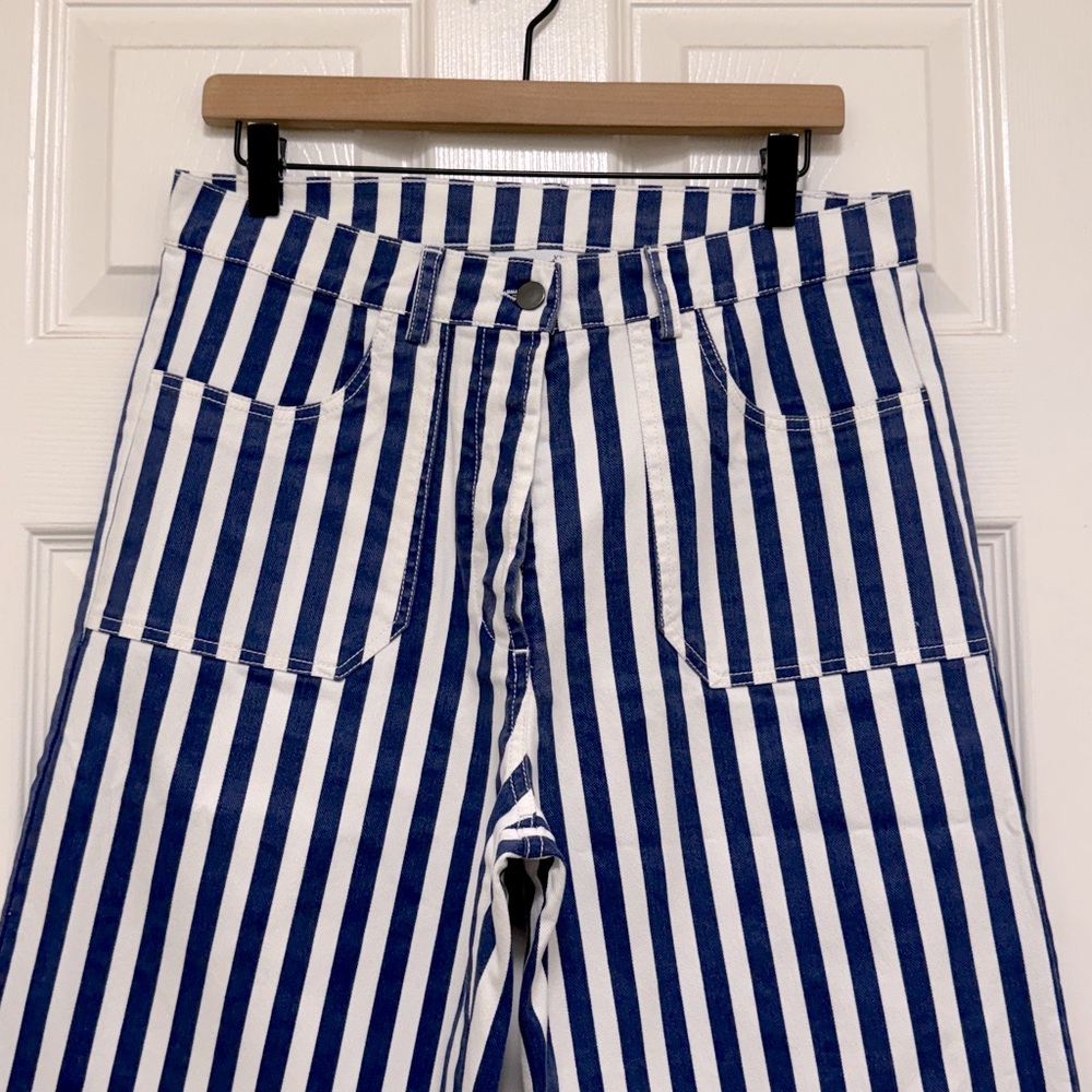 NWOT LOUP Simone Wide Crop Pants in Navy Striped - Picture 8 of 10